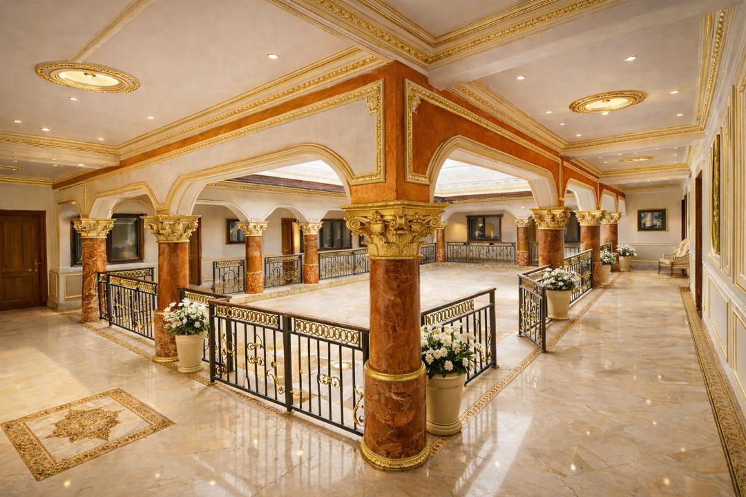 Finished palace grand hall with gold columns and marble floor by FreeCoat Decor