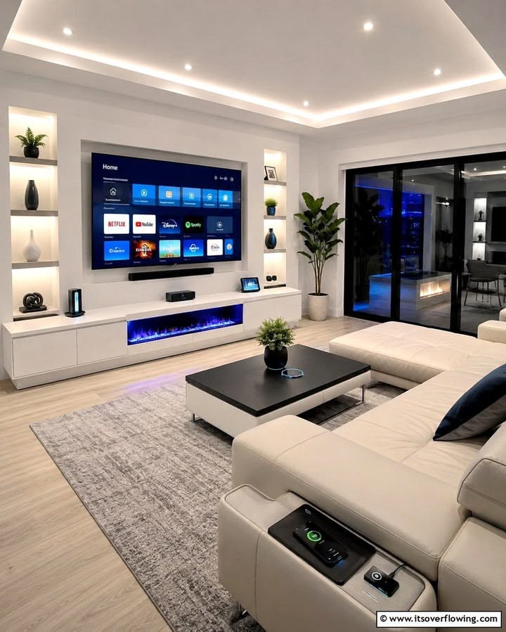 TV feature wall with LED fireplace in living room by FreeCoat Decor